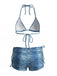 3PCS Light Blue 1980s Denim Plunging Trunks Bikini Set & Shorts - vintage fashion, retro style