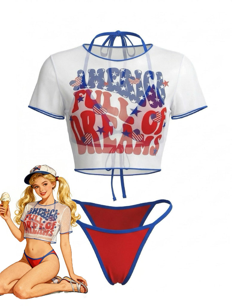 3PCS 1980s Patriotic Graphic Mesh Crop Top & Bikini Set - vintage fashion, retro style