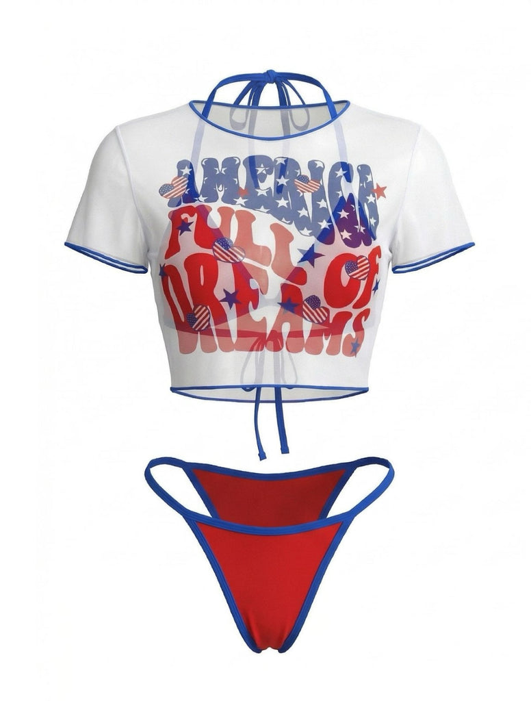 3PCS 1980s Patriotic Graphic Mesh Crop Top & Bikini Set - vintage fashion, retro style
