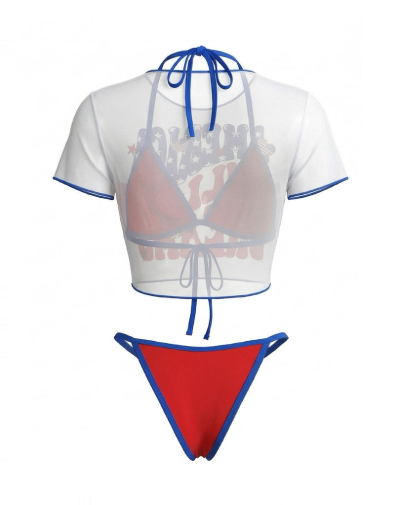 3PCS 1980s Patriotic Graphic Mesh Crop Top & Bikini Set - vintage fashion, retro style