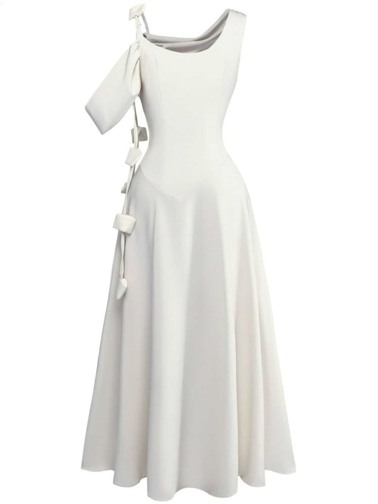 1980s Asymmetric One-Shoulder Draped Midi Dress - vintage dress, retro fashion