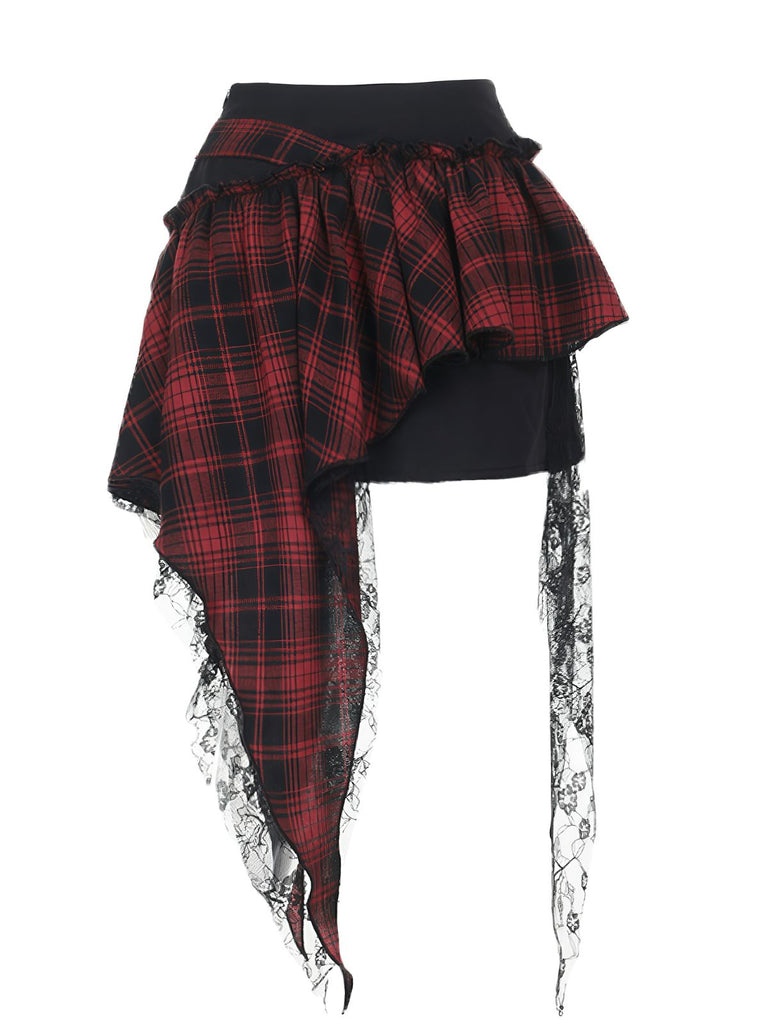 1980s Asymmetric Plaids Lace Chain Gothic Skirt - vintage skirt, retro style