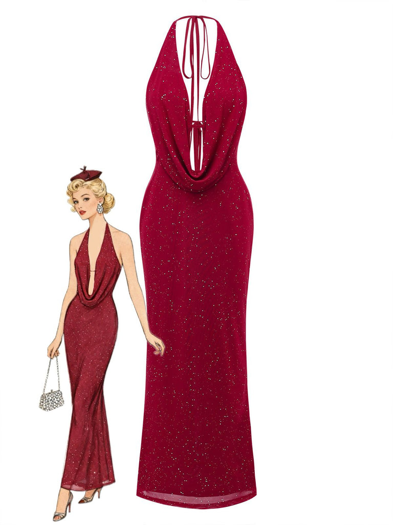 1980s Backless Cowl Glitter Halter Slit Maxi Dress - vintage dress, retro fashion