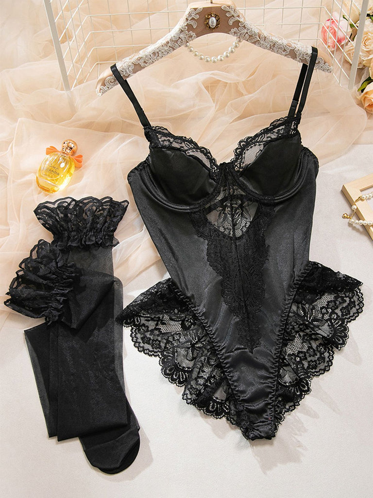 Women's Lace Trim Teddy Lingerie With Stockings Black Women's Lace Trim Teddy Lingerie With Stockings Black