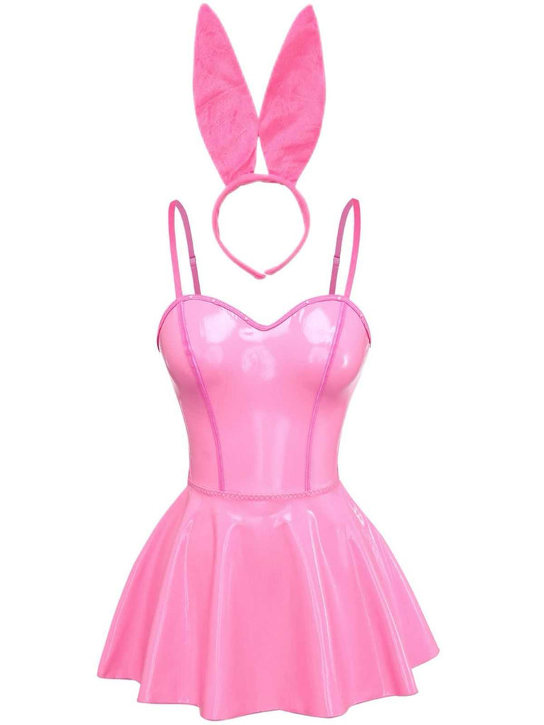 Sexy Bunny Costume Latex Mini Dress with Ears Headband Pink Sexy Bunny Costume Latex Mini Dress with Ears Headband Pink
