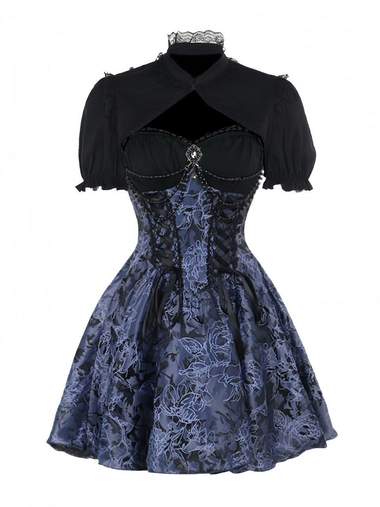 blue and black gothic dress Black/Blue Puff Short Sleeves Princess Gothic Lolita Tiered Dress –  LolitaInside main image 1