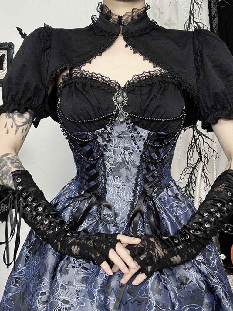 2PCS Black & Blue 1980s Gothic Cape Cardigan & Floral Embroidered Dres