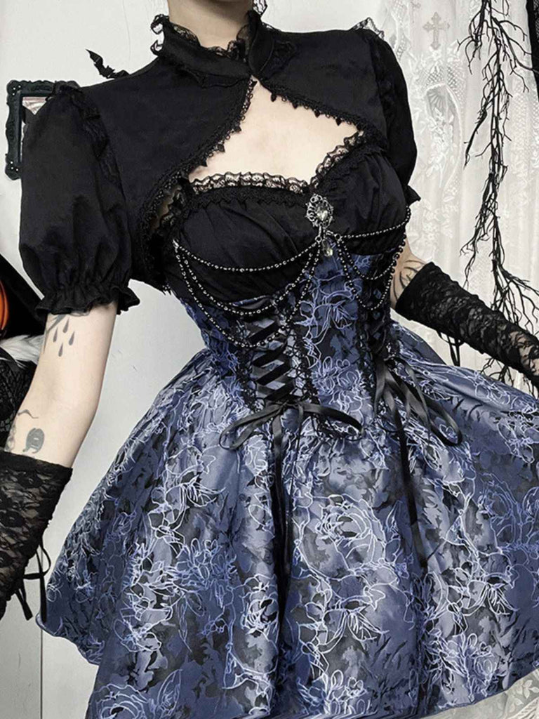blue dress for baby girl 2PCS Black & Blue 1980s Gothic Cape Cardigan & Floral Embroidered Dres