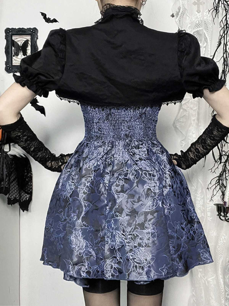 Gothic Sweetheart Neck Beaded Cami Floral Embroidered Bubble Mini Dress with Cape
