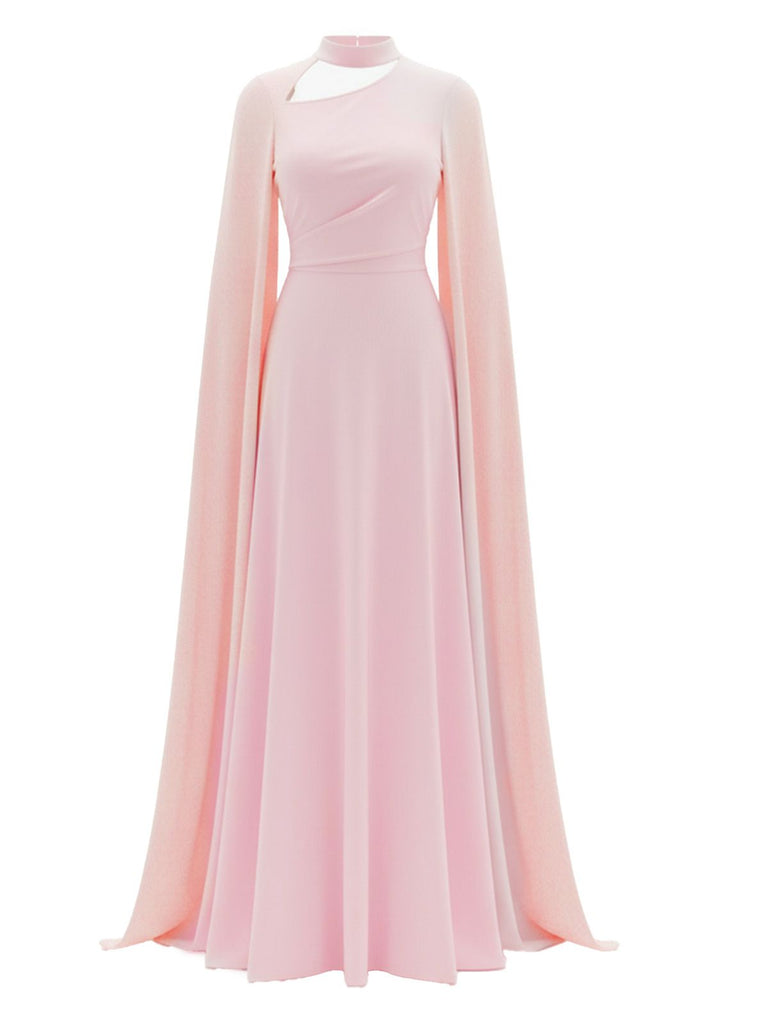 Evening Formal Sleeved Back Tie Maxi Cape Dress Cocktail Party Dress Pink Evening Formal Sleeved Back Tie Maxi Cape Dress Cocktail Party Dress Pink