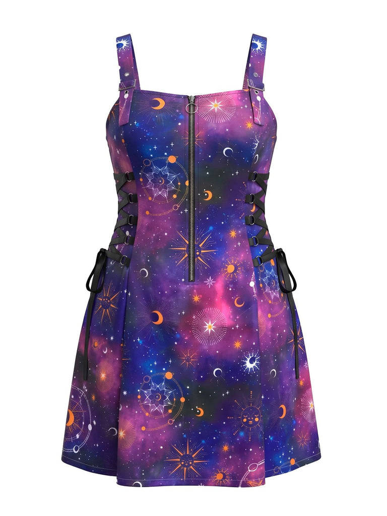[Plus Size] 1980s Celestial Print Lace-Up Suspender Dress, vintage dress, retro fashion, lace detail - perfect for women who love vintage and retro fashion