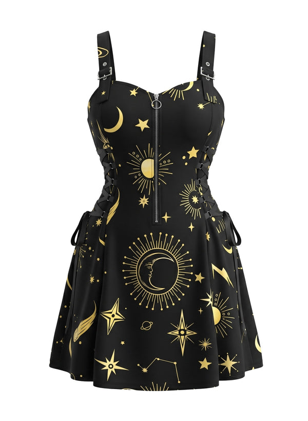 Plus Size] 1980s Celestial Print Lace-Up Suspender Dress