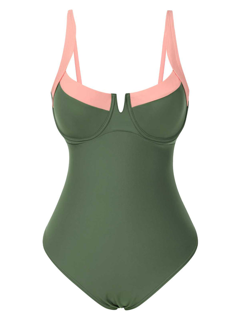 This 1980s Colorblock Strap High-Leg One-Piece Swimsuit carries 1980s vacation dreams in every stitch