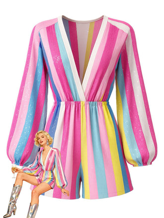 1980s Colorful Striped Sequined V-Neck Romper - vintage jumpsuit, retro fashion