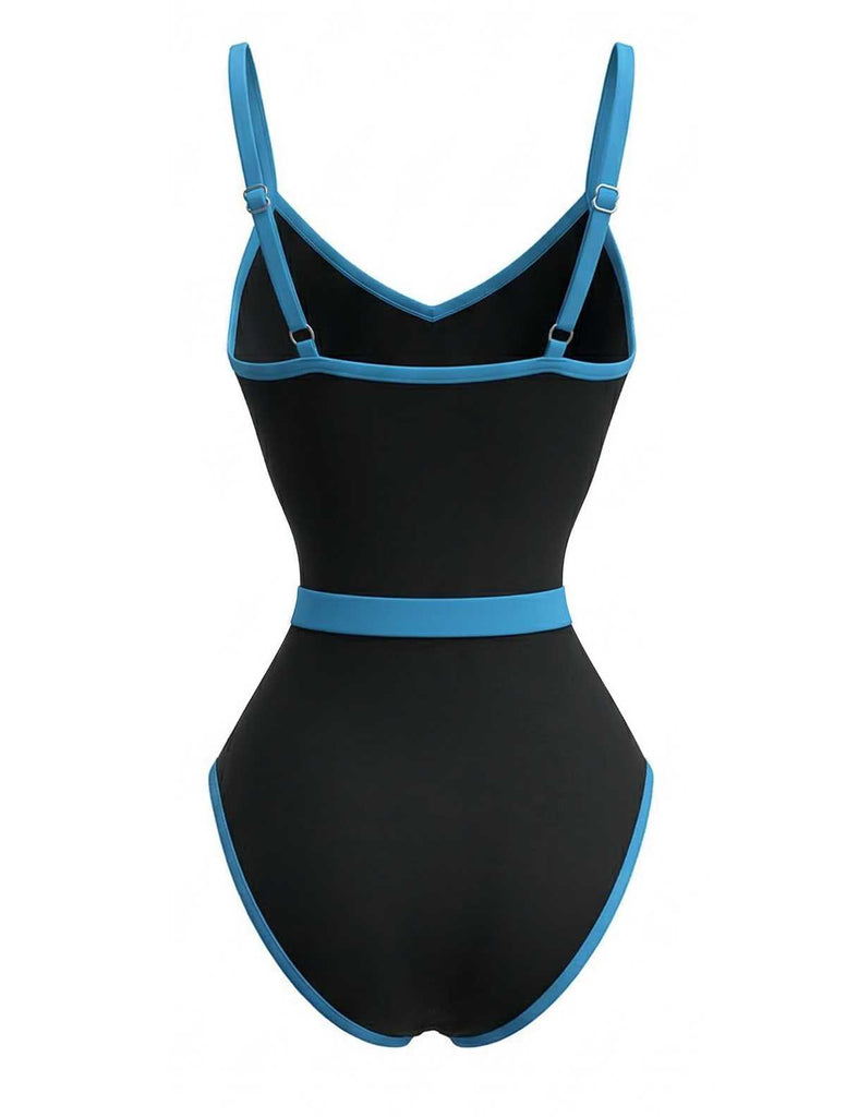 1980s Contrast Belted One-Piece Swimsuit: beautiful vintage swimwear, retro swimsuit, pin-up style with timeless appeal