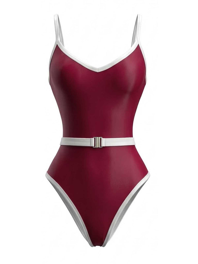 1980s Contrast Belted One-Piece Swimsuit: beautiful vintage swimwear, retro swimsuit, pin-up style with timeless appeal