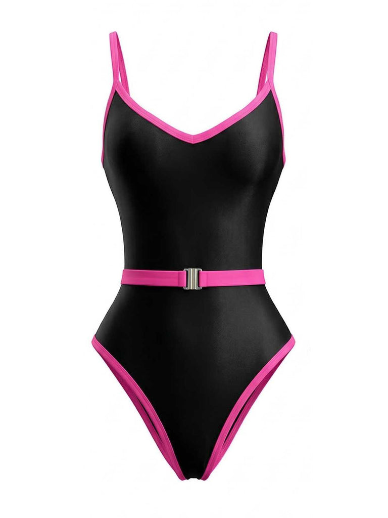 1980s Contrast Belted One-Piece Swimsuit: beautiful vintage swimwear, retro swimsuit, pin-up style with timeless appeal