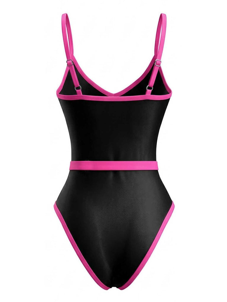 1980s Contrast Belted One-Piece Swimsuit | vintage swimwear, retro swimsuit, pin-up style - perfect for retro fashion enthusiasts