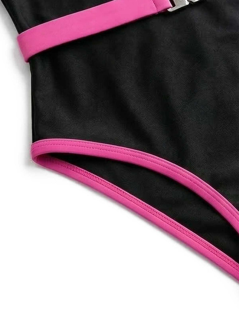 1980s Contrast Belted One-Piece Swimsuit: beautiful vintage swimwear, retro swimsuit, pin-up style with timeless appeal
