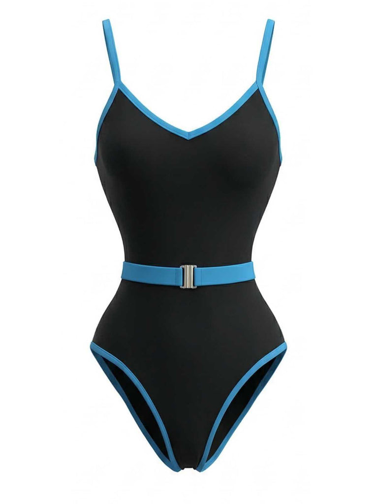 1980s Contrast Belted One-Piece Swimsuit | vintage swimwear, retro swimsuit, pin-up style - perfect for retro fashion enthusiasts