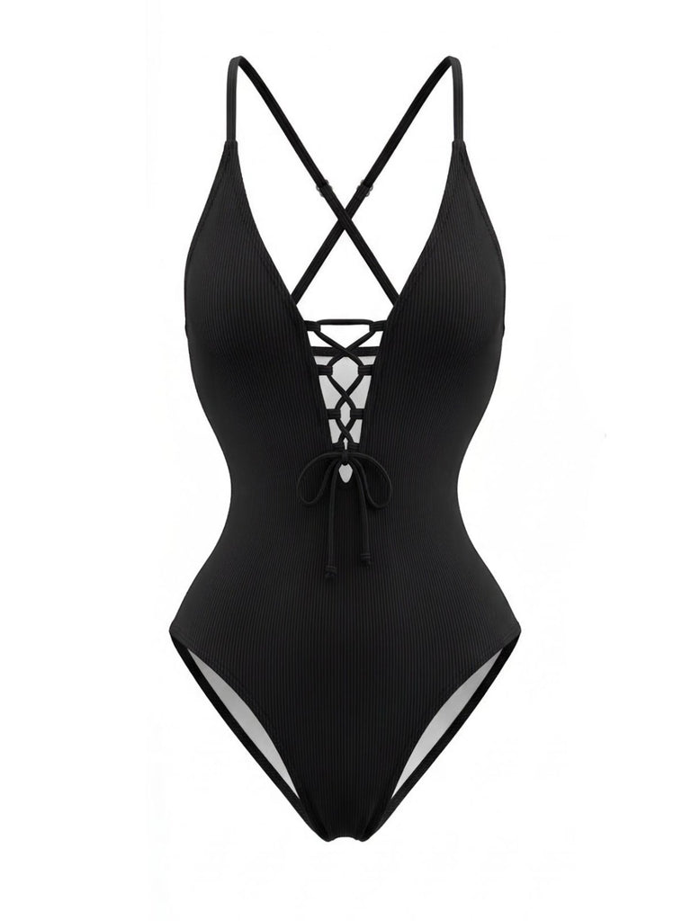 Elegant 1980s Vintage V Neck Swimsuit 1