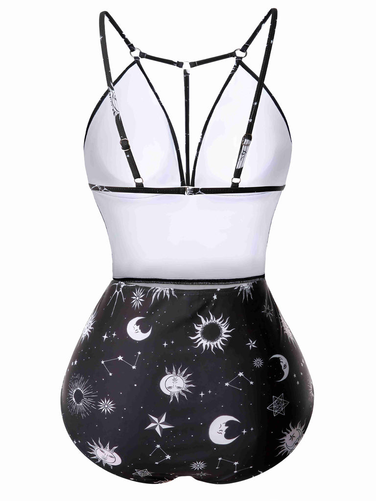 1980s Deep V-Neck Gothic Star Moon One-Piece Swimsuit | Retro Stage 1980s Deep V-Neck Gothic Star Moon One-Piece Swimsuit | Retro Stage