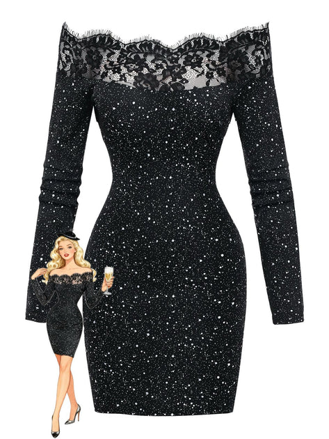 80s bodycon dress Black 1980s Lace Off-Shoulder Metallic Silver Splash Color:Bisque