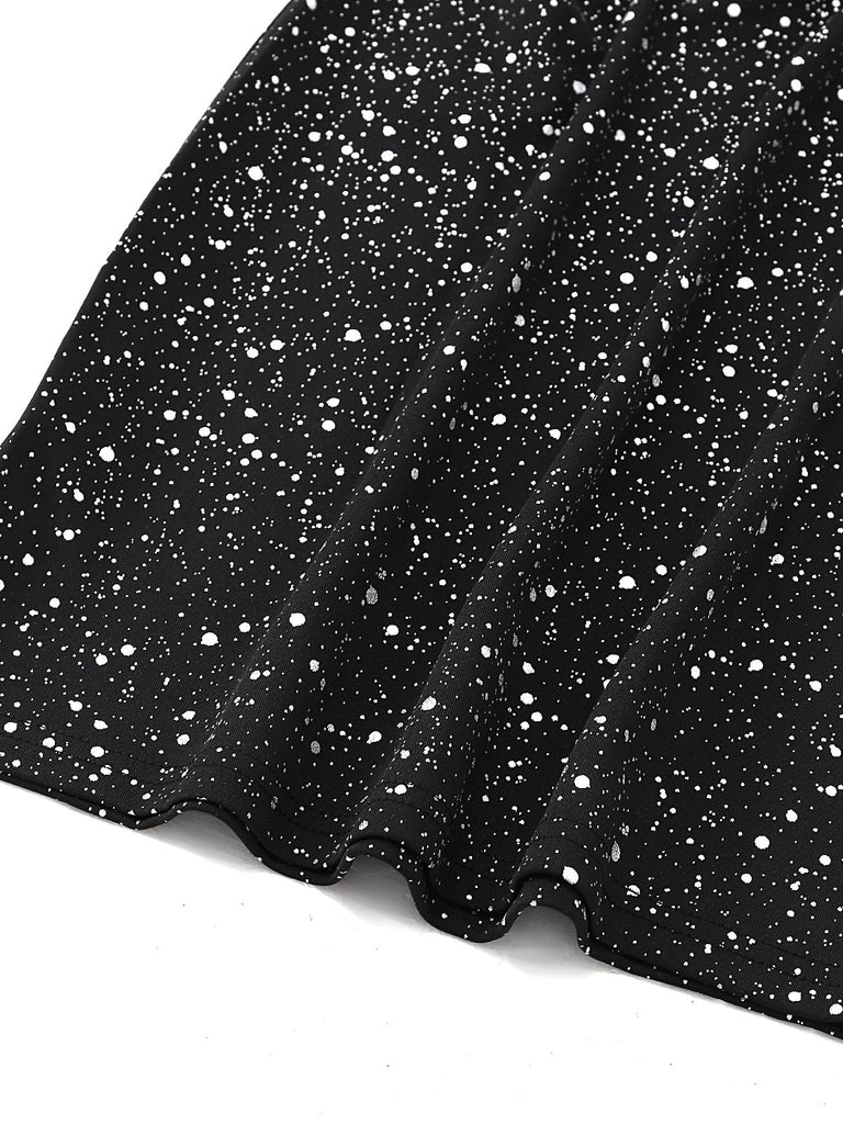Black 1980s Lace Off-Shoulder Metallic Silver Splash Bodycon Dress - vintage dress, retro fashion, classic black