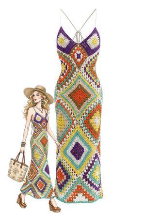 1980s Boho Irregular Print Hand Crochet Cover-Up Dress - vintage dress, retro fashion