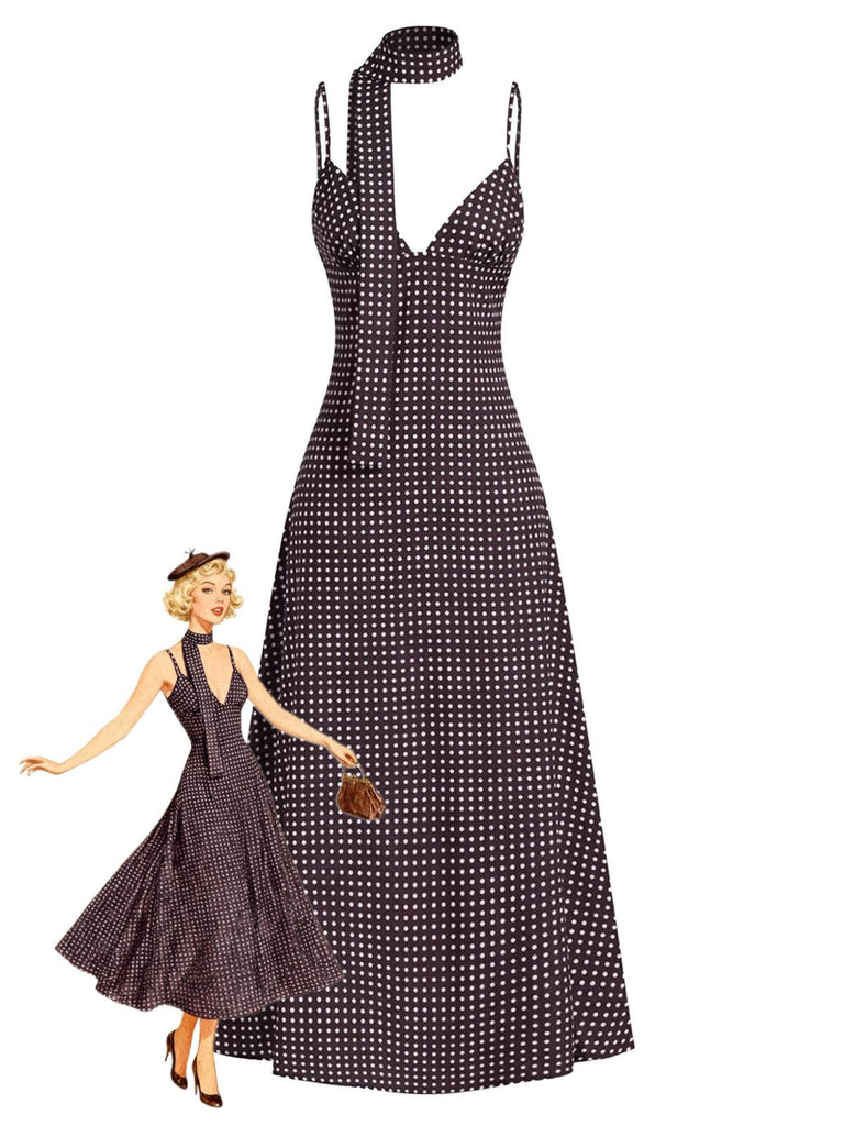 Brown 1980s V-Neck Polka Dot Tie Spaghetti Strap Dress - vintage dress, retro fashion