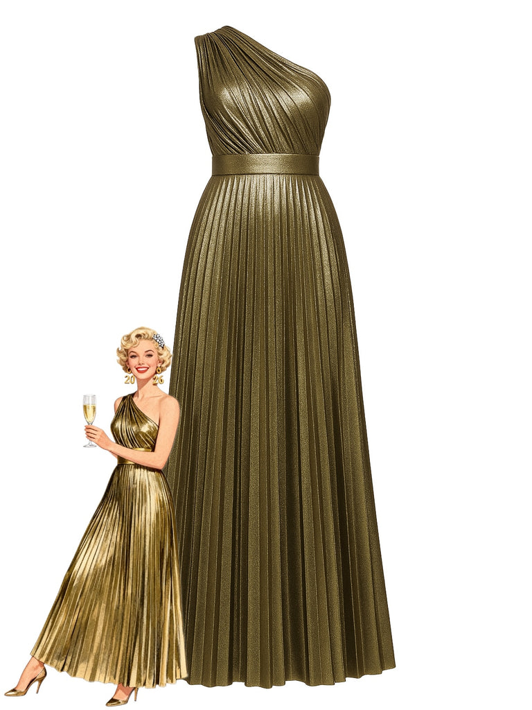 Gold 1980s Metallic One-Shoulder Pleated Party Dress - vintage dress, retro fashion, glamorous gold