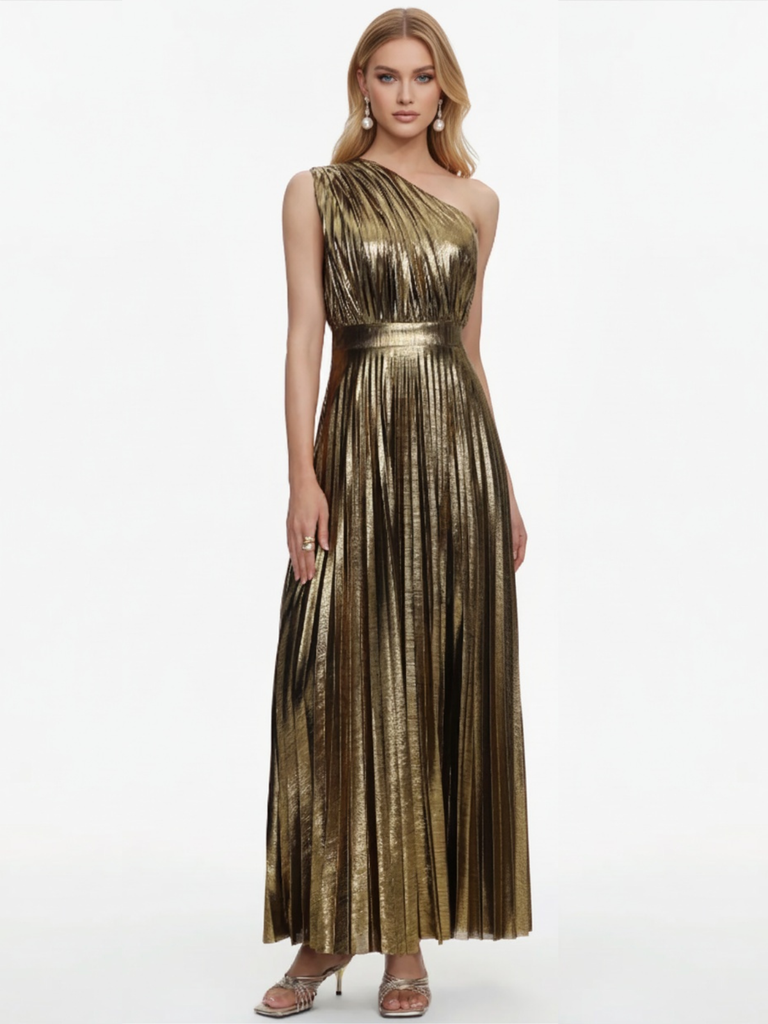 Gold 1980s Metallic One-Shoulder Pleated Party Dress - vintage dress, retro fashion, glamorous gold