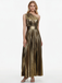 Gold 1980s Metallic One-Shoulder Pleated Party Dress - vintage dress, retro fashion, glamorous gold