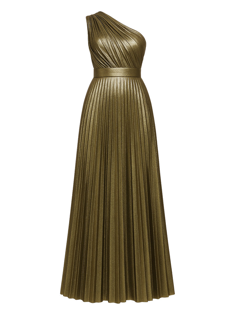 Gold 1980s Metallic One-Shoulder Pleated Party Dress - vintage dress, retro fashion, glamorous gold