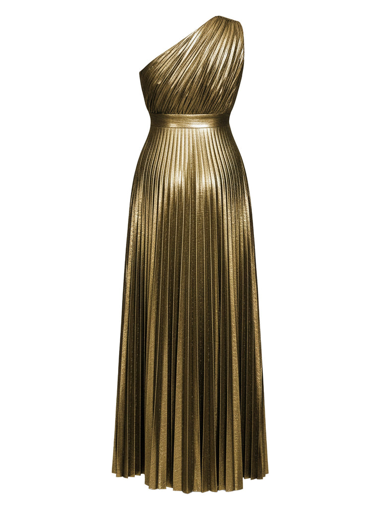 Gold 1980s Metallic One-Shoulder Pleated Party Dress - vintage dress, retro fashion, glamorous gold