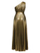 Gold 1980s Metallic One-Shoulder Pleated Party Dress - vintage dress, retro fashion, glamorous gold