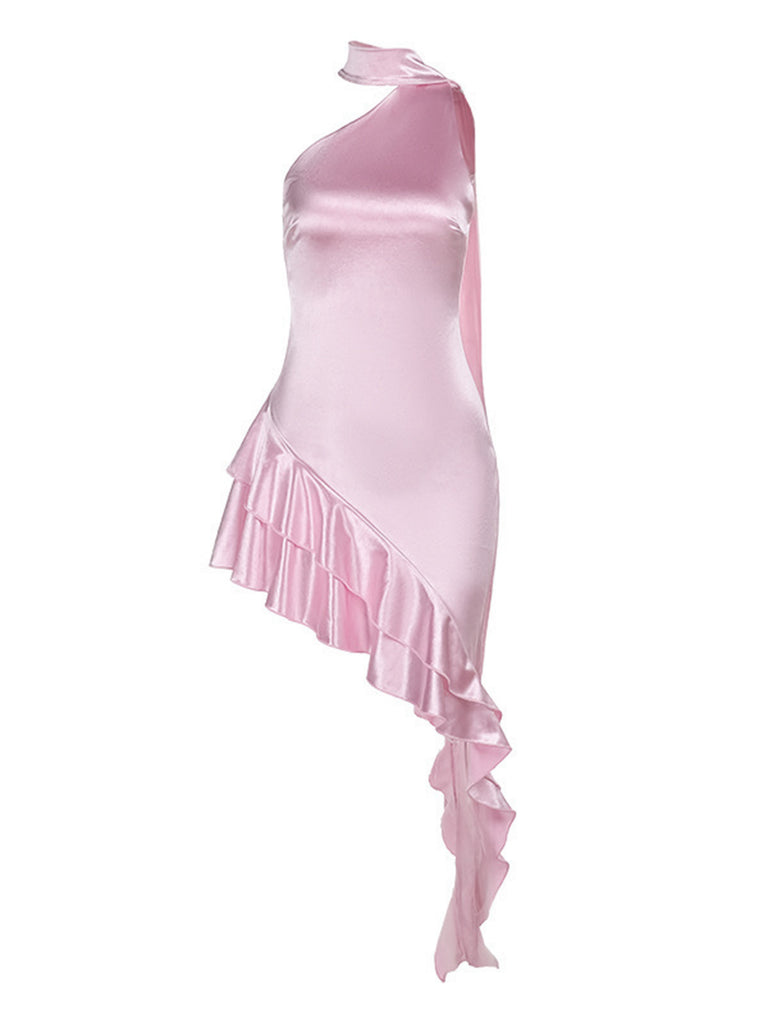 Peach Pink 1980s Solid Ribbon Tie Surplice Satin Dress - vintage dress, retro fashion
