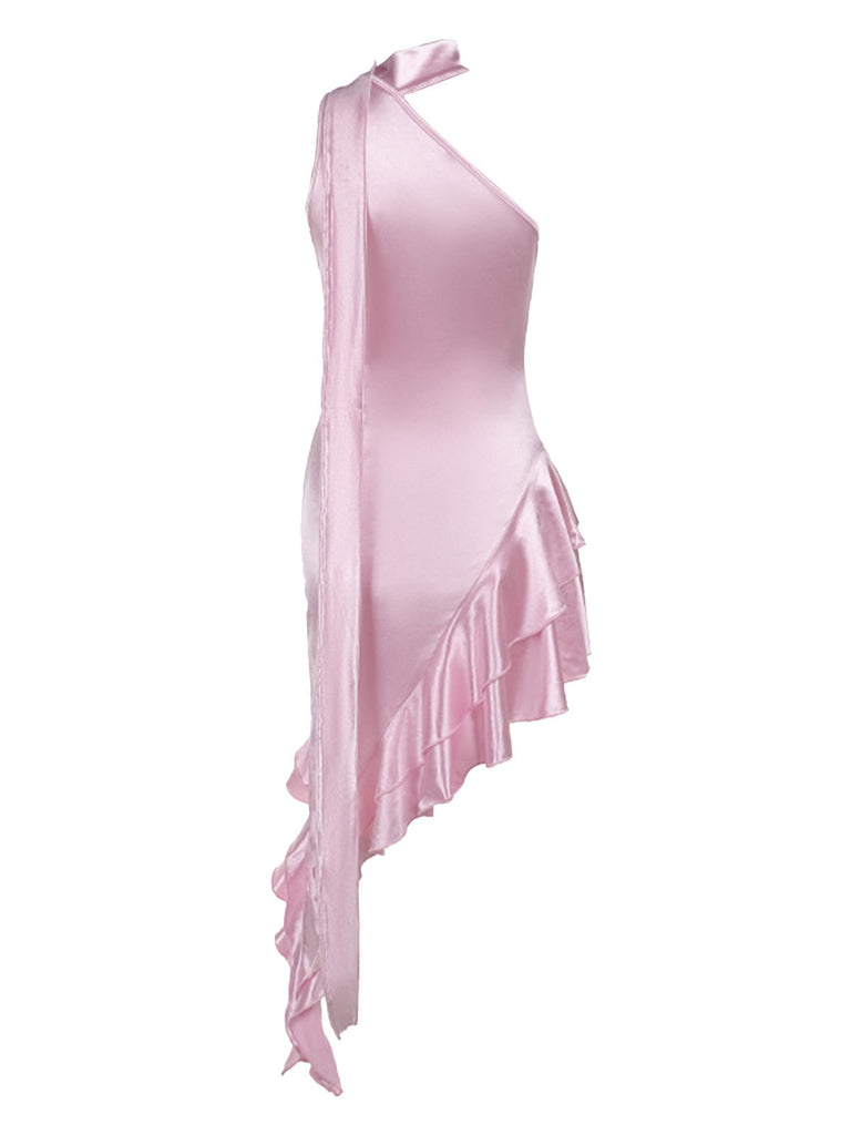Peach Pink 1980s Solid Ribbon Tie Surplice Satin Dress - vintage dress, retro fashion