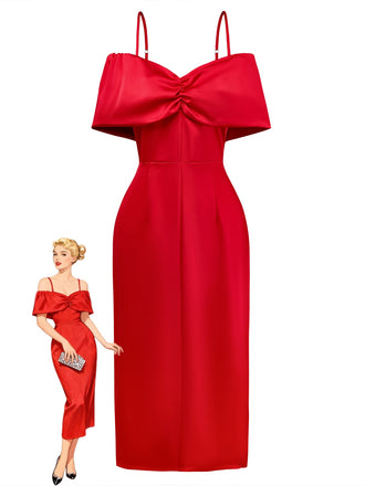 Red 1980s Bow Off-Shoulder Satin Side Slit Midi Dress - vintage dress, retro fashion, elegant red