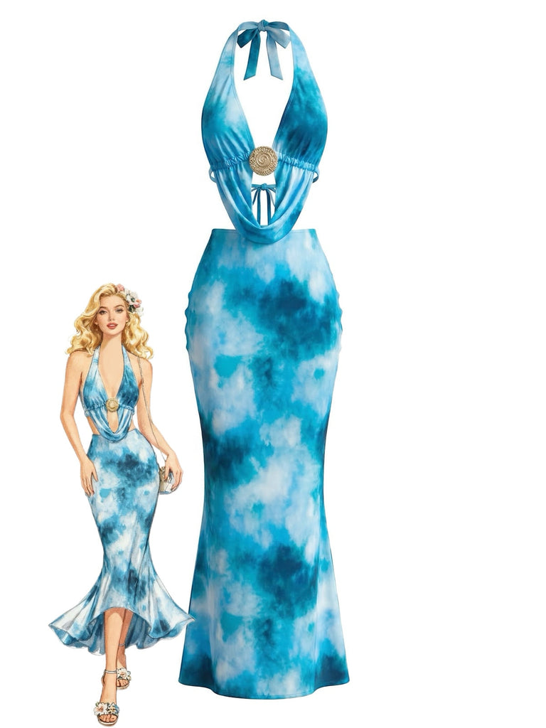 Sky Blue Tie-Dye Halter Cutout Backless Maxi Cover-Up Dress Beach Vacation Outfits
