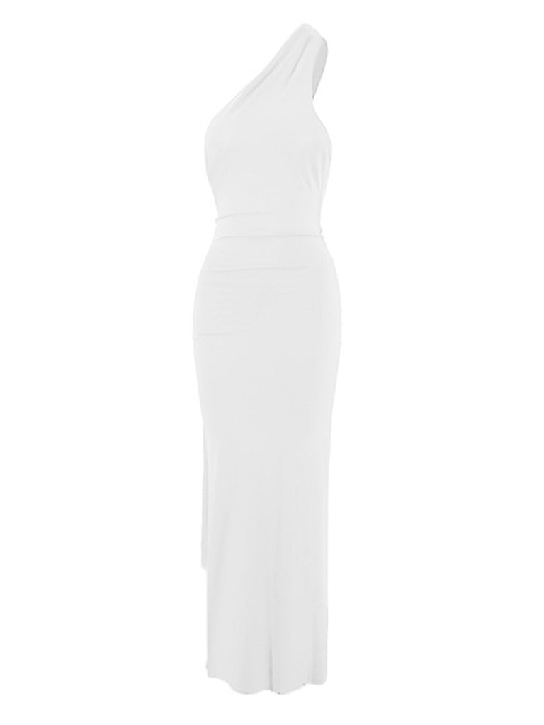 1980s Solid One-Shoulder Evening Backless Dress with Train - vintage dress, retro fashion