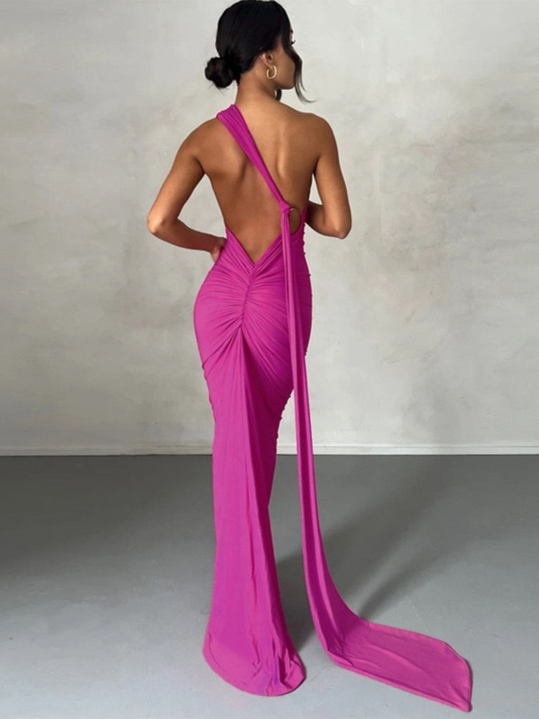 1980s Solid One-Shoulder Evening Backless Dress with Train - vintage dress, retro fashion