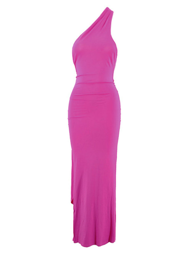 1980s Solid One-Shoulder Evening Backless Dress with Train - vintage dress, retro fashion