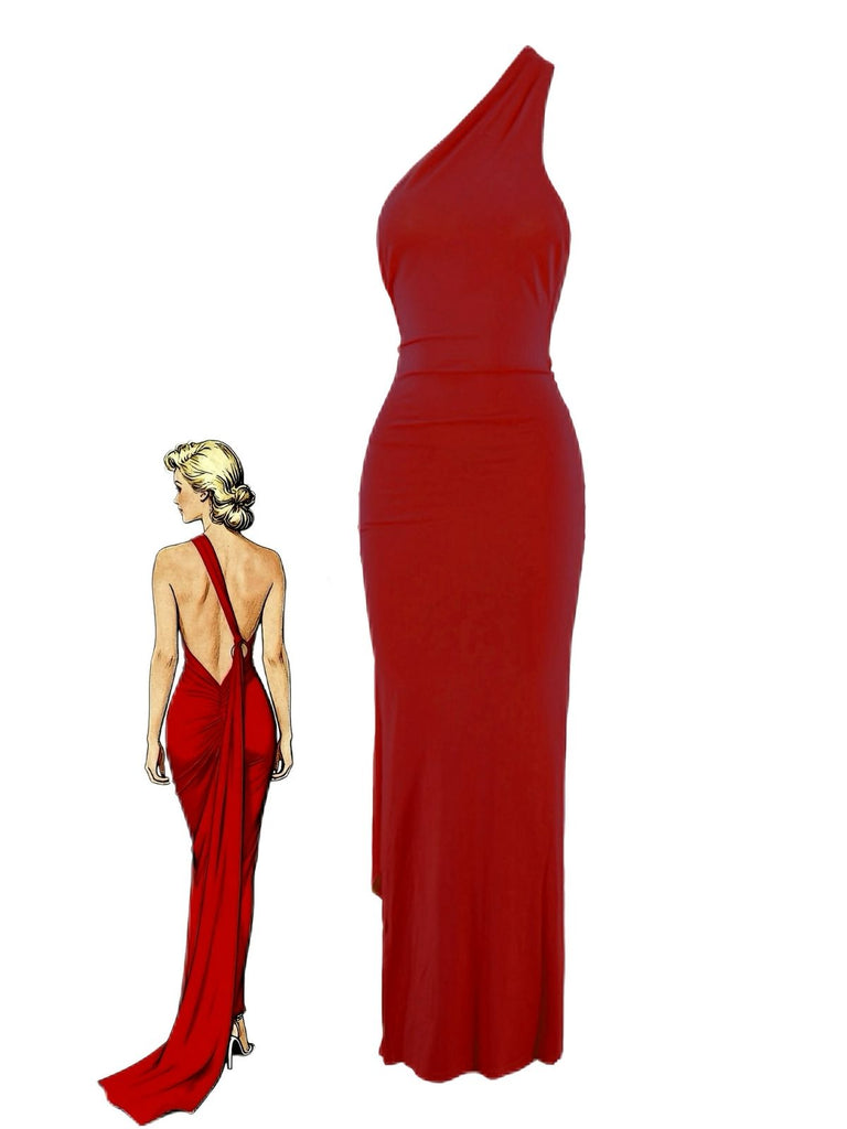 1980s Solid One-Shoulder Evening Backless Dress with Train - vintage dress, retro fashion
