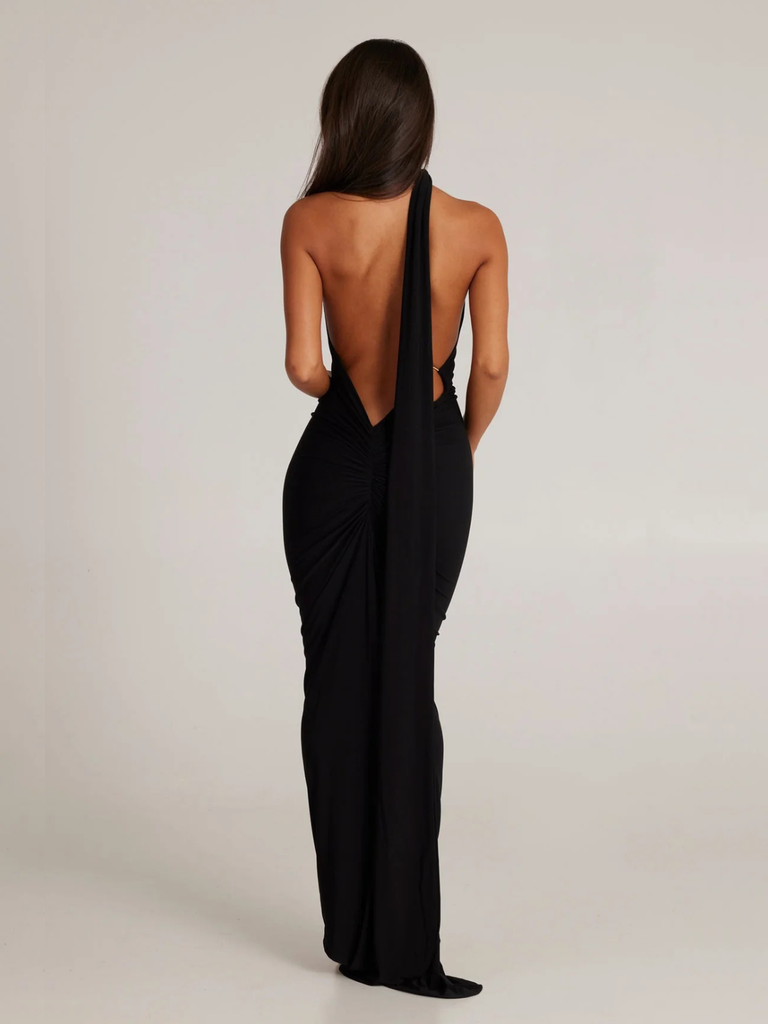 1980s Solid One-Shoulder Evening Backless Dress with Train - vintage dress, retro fashion