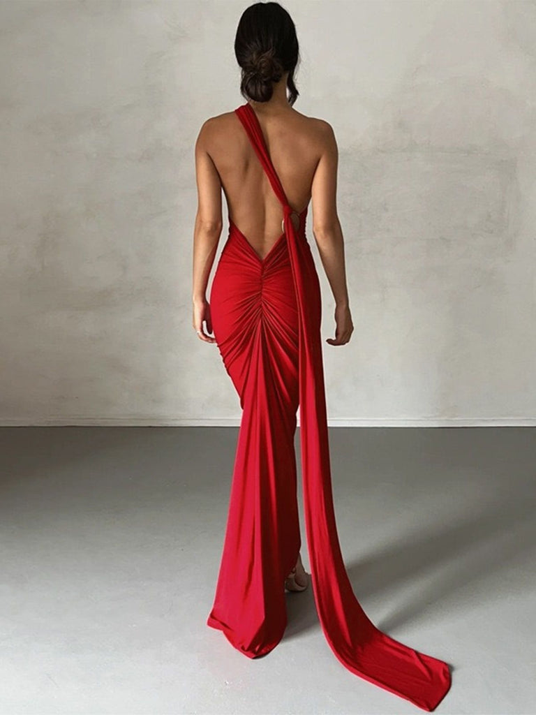 1980s Solid One-Shoulder Evening Backless Dress with Train - vintage dress, retro fashion