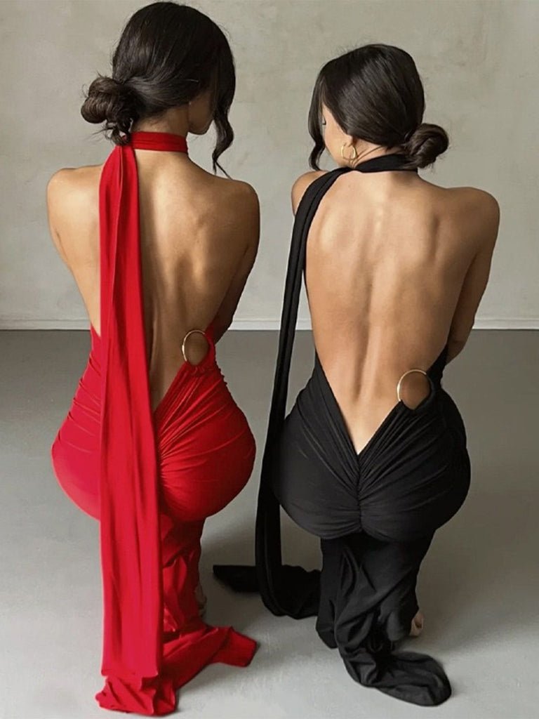 1980s Solid One-Shoulder Evening Backless Dress with Train - vintage dress, retro fashion
