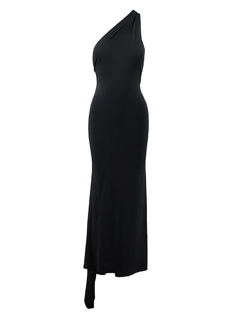 1980s Solid One-Shoulder Evening Backless Dress with Train - vintage dress, retro fashion