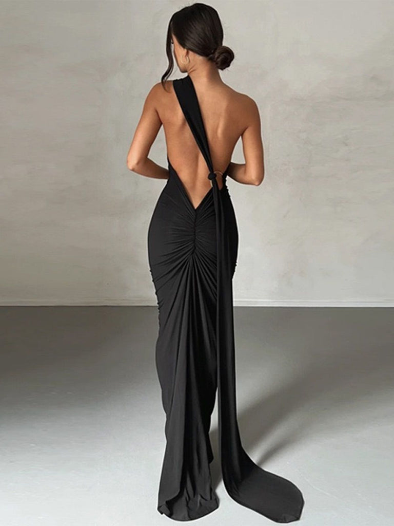 1980s Solid One-Shoulder Evening Backless Dress with Train - vintage dress, retro fashion