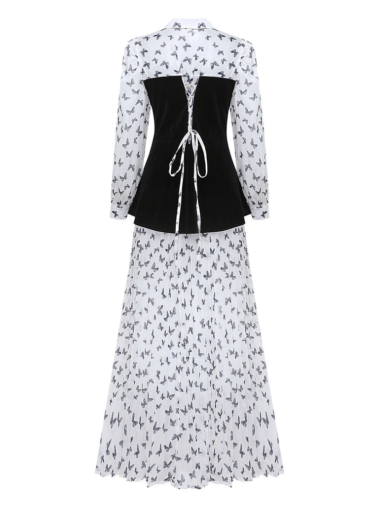 White 1980s Butterfly Pearl Pleated Velvet Corset Midi Dress - vintage dress, retro fashion, pure white